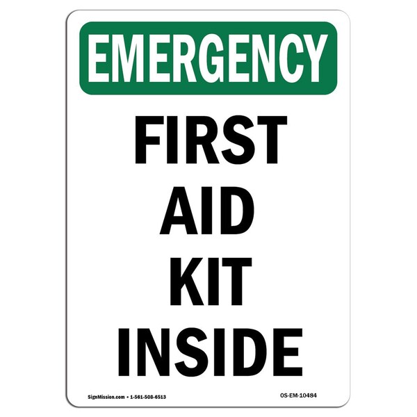 Safety Sign, OSHA EMERGENCY, 24" Height, Aluminum, First Aid Kit Inside, Portrait, EM-A-1824-V-10484